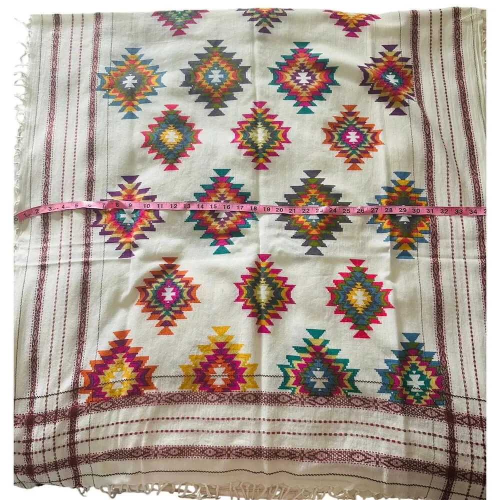 Vismaya White Multi-Color Geometric Aztec Fringe Shawl Scarf Wrap